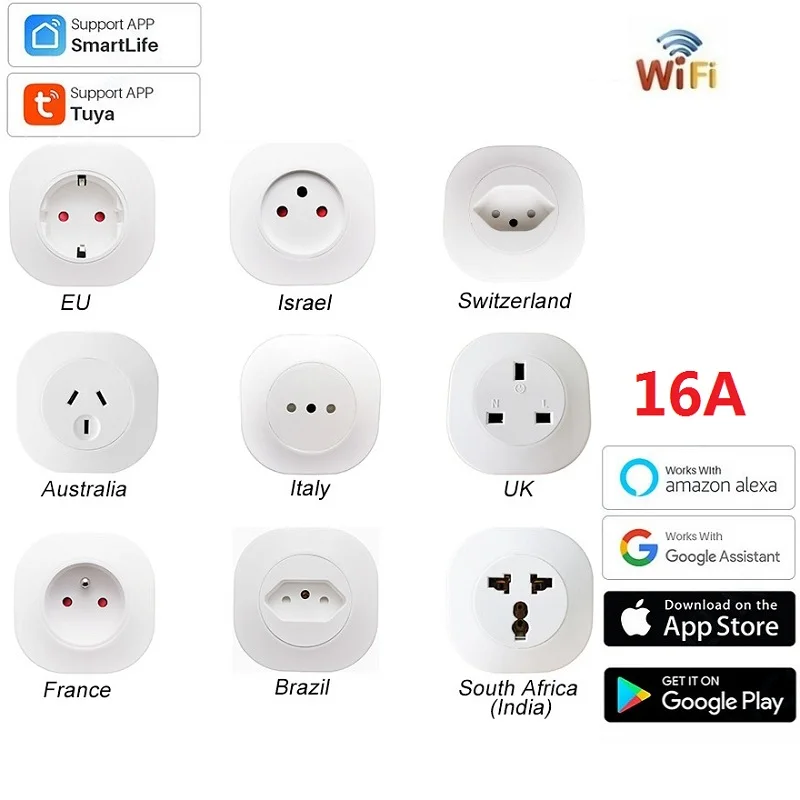 

16A умная розетка Wi-Fi, Беспроводная розетка с дистанционным управлением, Великобритания, ЕС, AU, CH, BR, FR, Израиль, Вилка питания, приложение Tuya, по...