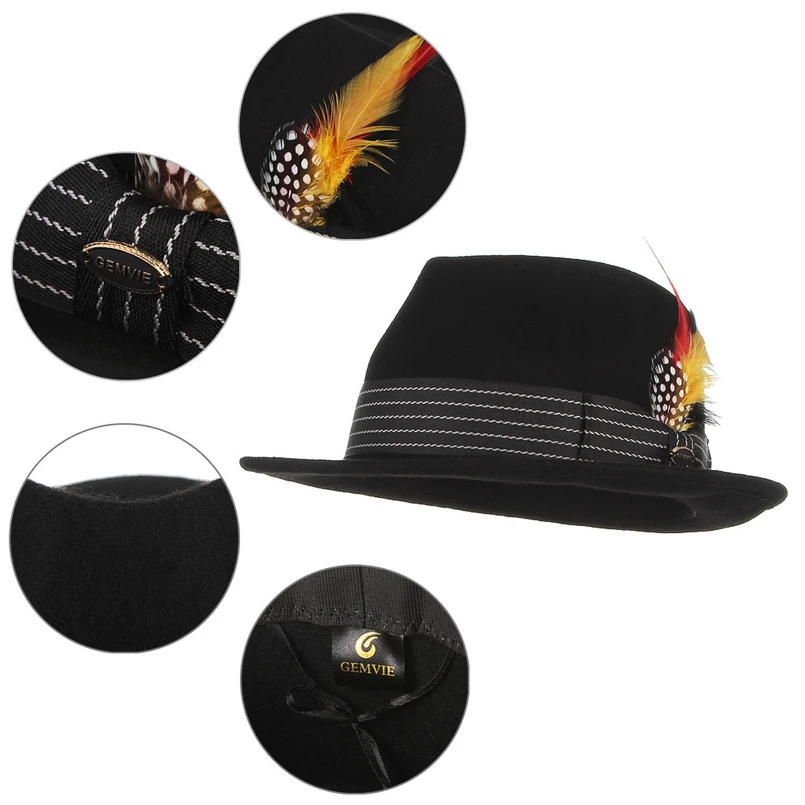 GEMVIE New 100% Wool Feather Trilby Hats For Men Women Curved Short Brim Felt Fedora Hat Gangster Winter Accessories | Аксессуары для