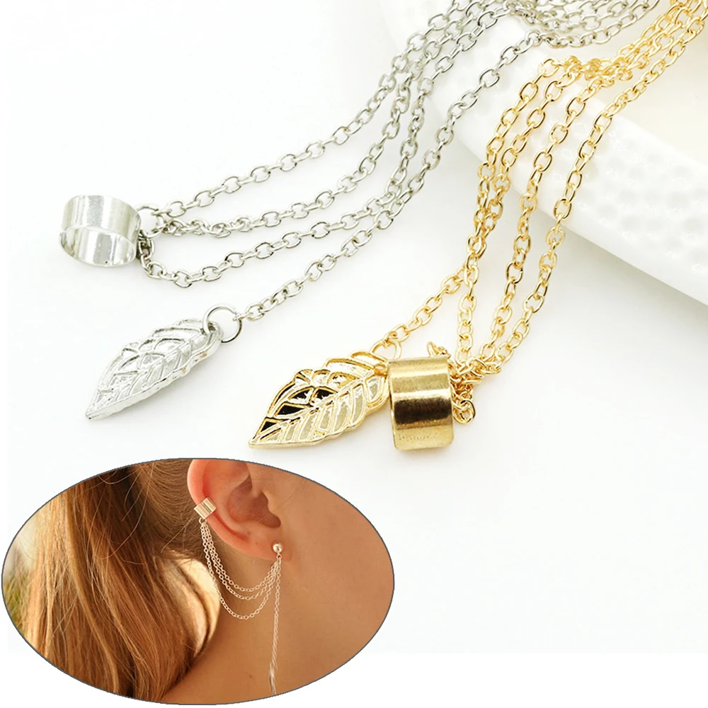 Модные металлические серьги клипса на ухо в виде листьев кисточки с цепочкой