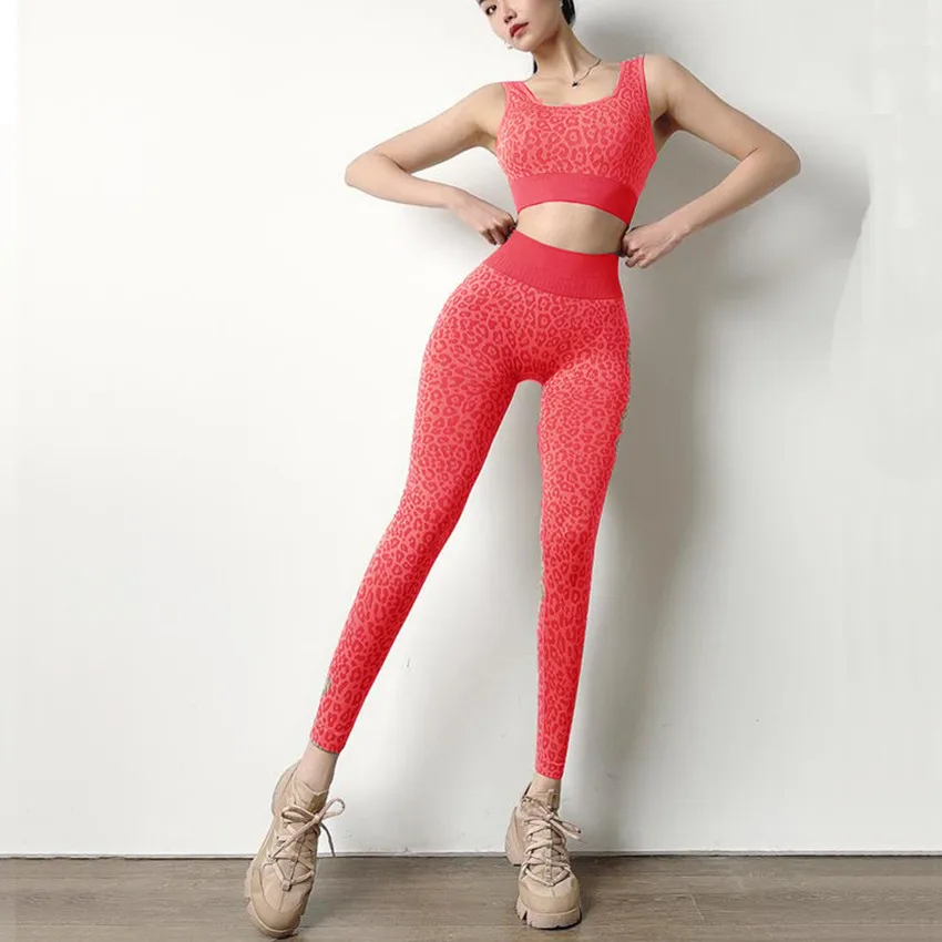 

2021 Leopard Yoga Set Women Sport Suit Workout Clothes High Waist Seamless Leggings+Fitness Bra Sportswear Gym Tracksuit