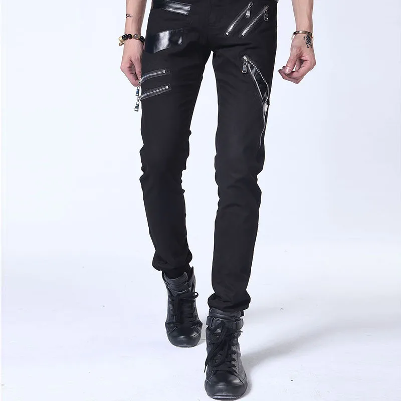 

Idopy New Arrival Spring Fashion Mens Punk Skinny Pants For Man Cool Cotton Casual Pants Zipper Slim Fit Black Goth Trousers