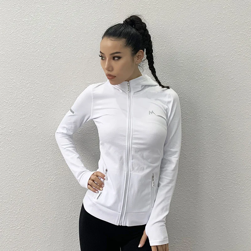 SALSPOR, Женская Спортивная одежда для бега, на молнии, с длинным рукавом, для йоги, фитнеса, топ, быстросохнущая, тонкая одежда для спортзала, осенняя женская спортивная куртка с капюшоном