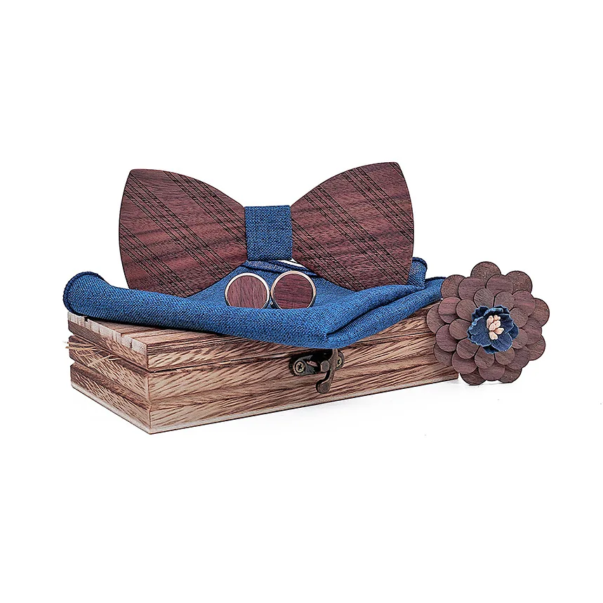 

Sitonjwly Men's Shirt Wooden Bow Tie Handkerchief Cufflinks Brooch Sets for Men Wedding Bowtie Men Tuxedo Gift with Wood Box