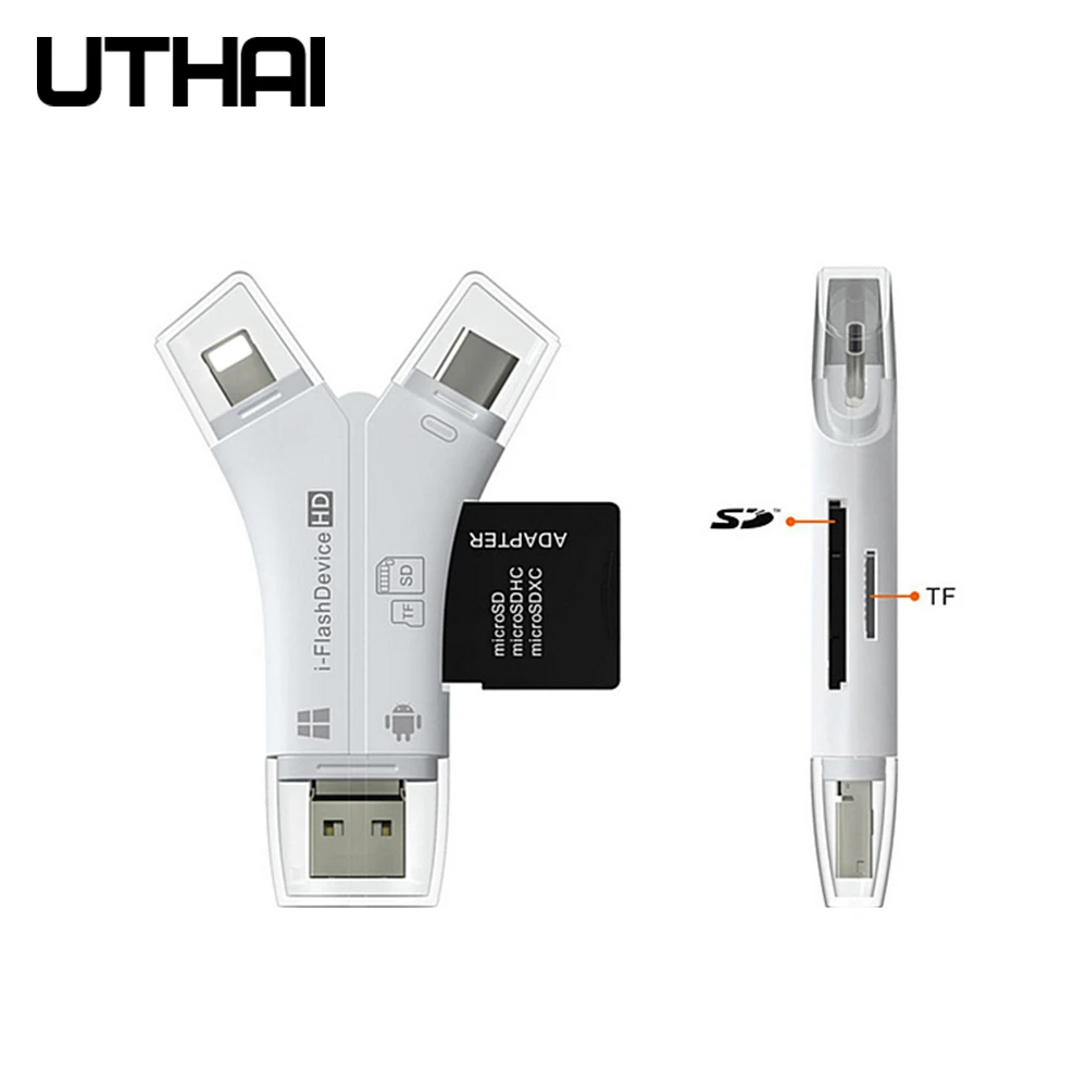 Флэш накопитель UTHAI C11 Lightning 4 в 1 устройство для чтения карт SD TF USB C на MicroUSB Type Iphone 7 8