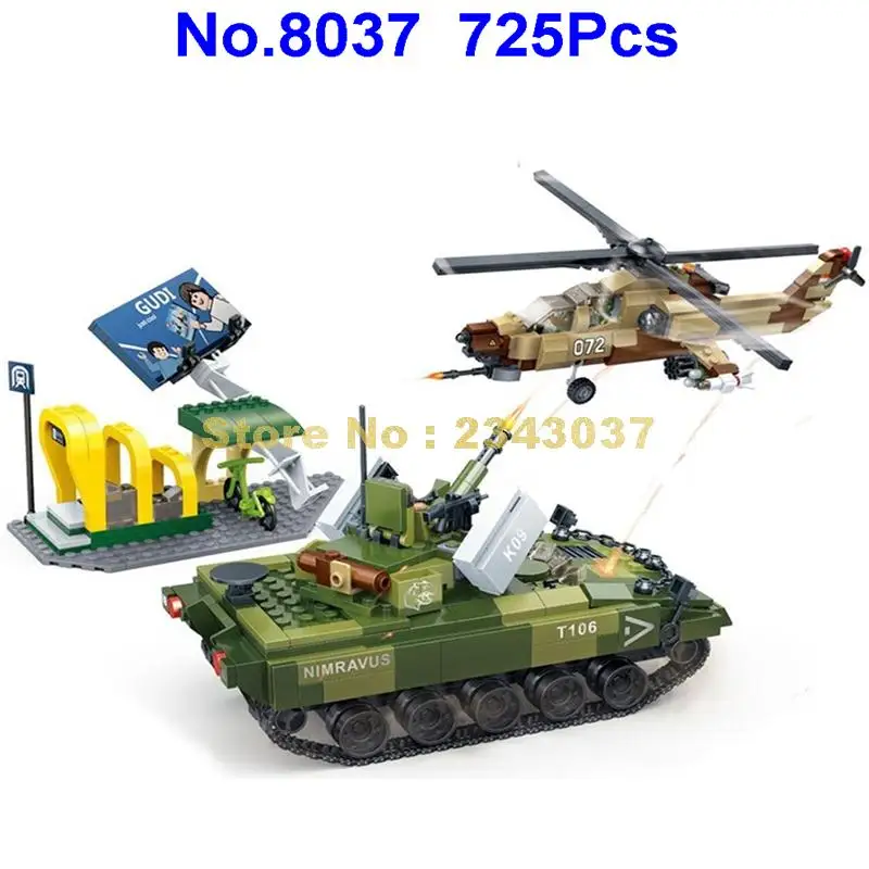 Gudi 8037 725 шт. Военный танк вертолет строительные блоки 5 игрушек|Блочные