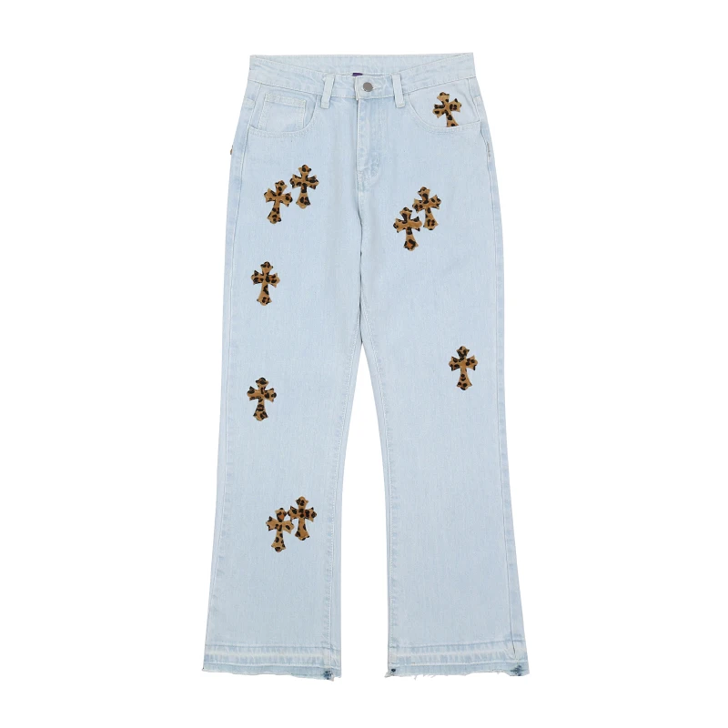 

UNCEDONJM Leopard patch flare jeans vintage jeans men jogger jeans for men high street Hip Hop 2021 denim Flare Pants AN-C079