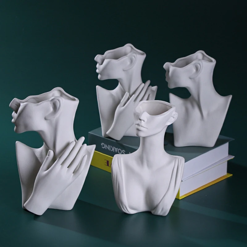 

Nordic White Ceramics Human Face Flower Vase Home Abstract Half Face Portrait Decoration Living Room Art Flower Flower Vases