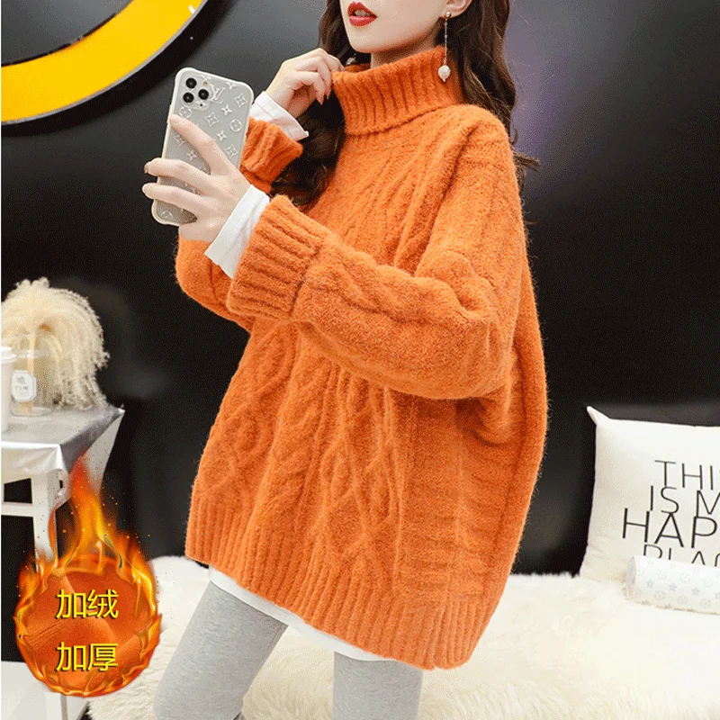 

Вязаный свитер с воротником-хомутом женский зимний плотный средней длины осень-зима 2020 Новинка свободный плотный свитер в Корейском стиле ...