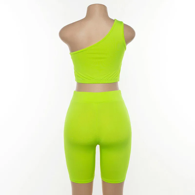 

New Women Solid Color Two Piece Set One Shoulder Hollow Out Crop Top Elastic High Waist Shorts Pants Sets Sexy Sports Tracksuits