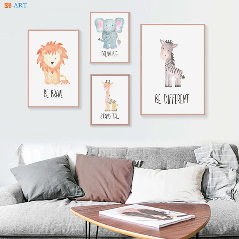 Мультфильм плакат для малышей с принтом животными лев картина слона на холсте
