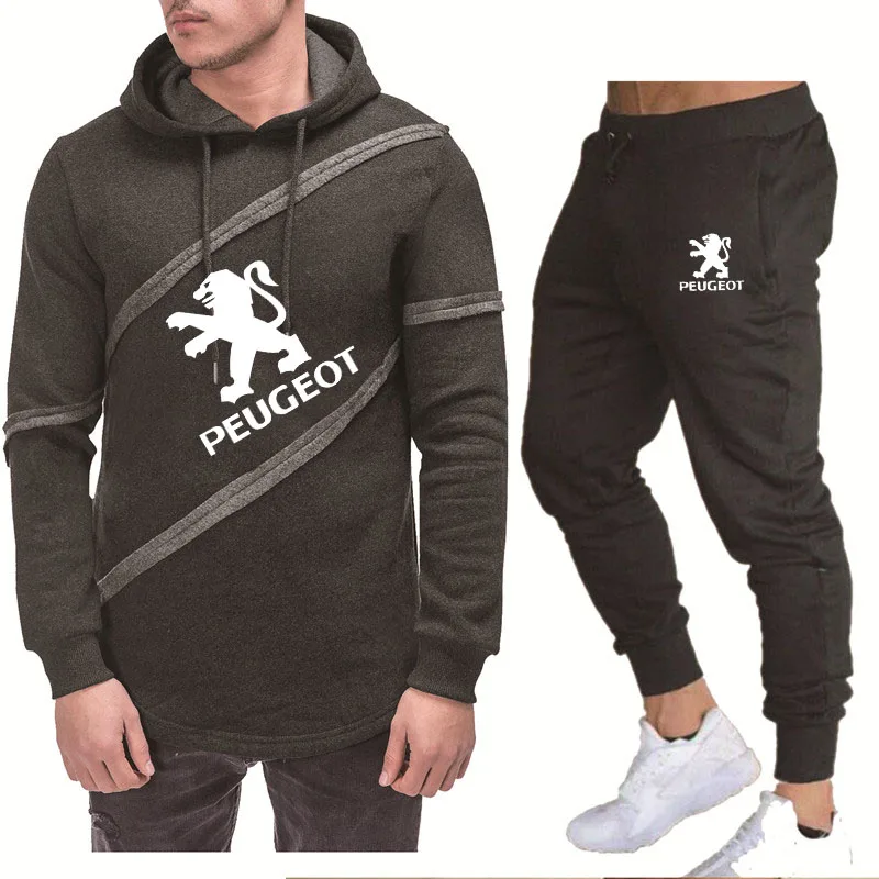

Spring Autumn Men's hooded Peugeot Car Logo Printing Cotton Fashion casual High Quality Men's hoodie + Pants Suit 2Pcs