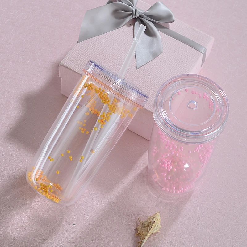 

Plastic cup manufacturer directly provides double transparent straw cup creative large capacity mango cup with sparkle glitter