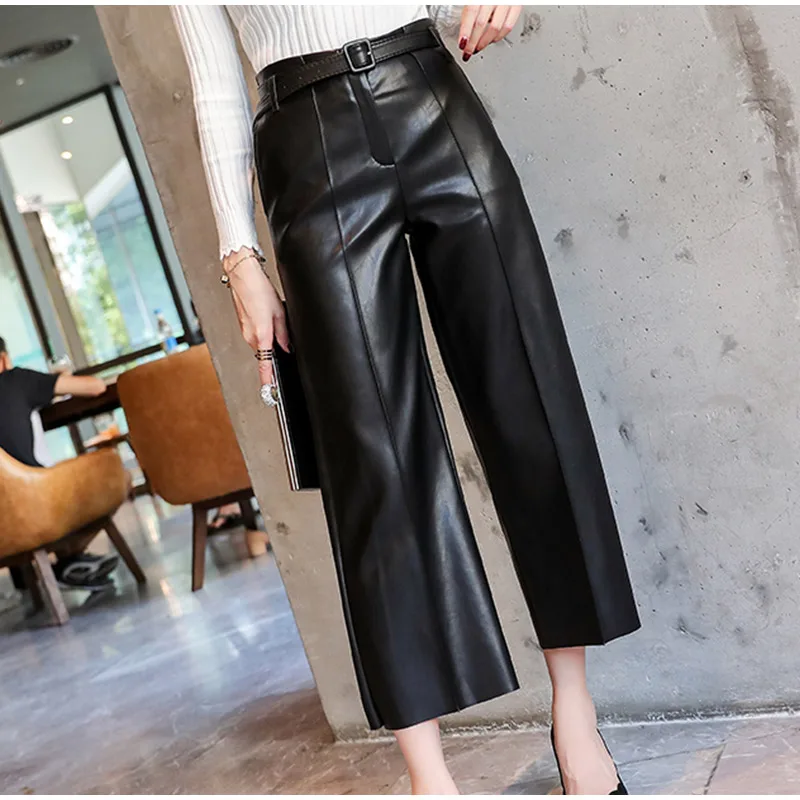 Autumn Faux PU Leather Pants Women With Belt High Waisted Wide Leg Anke-length Women's Trousers Winter NEW Fashion Clothes