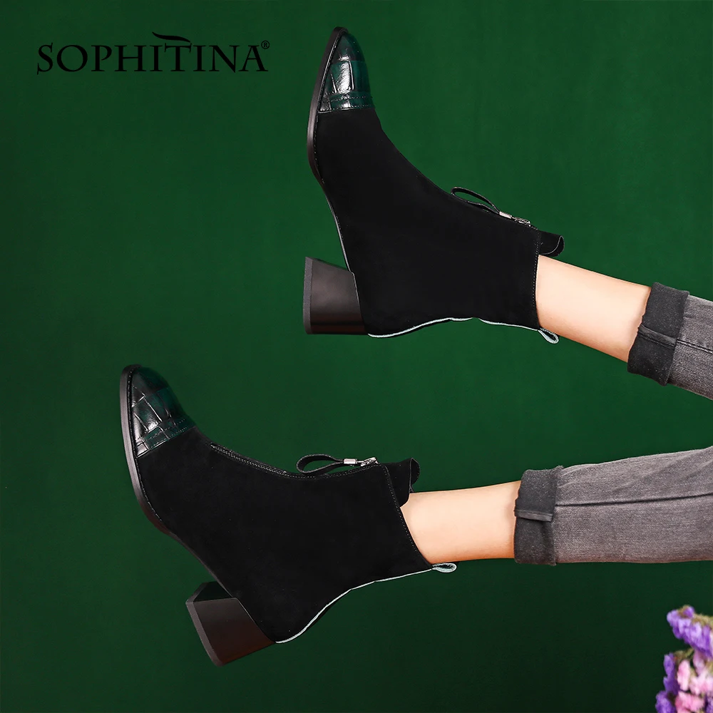 

SOPHITINA Women Ankle Boots Elegant 2021 Autumn Leather Patchwork Thick Heels Shoes Square Toe Zipper Fashion Female Boots FO903