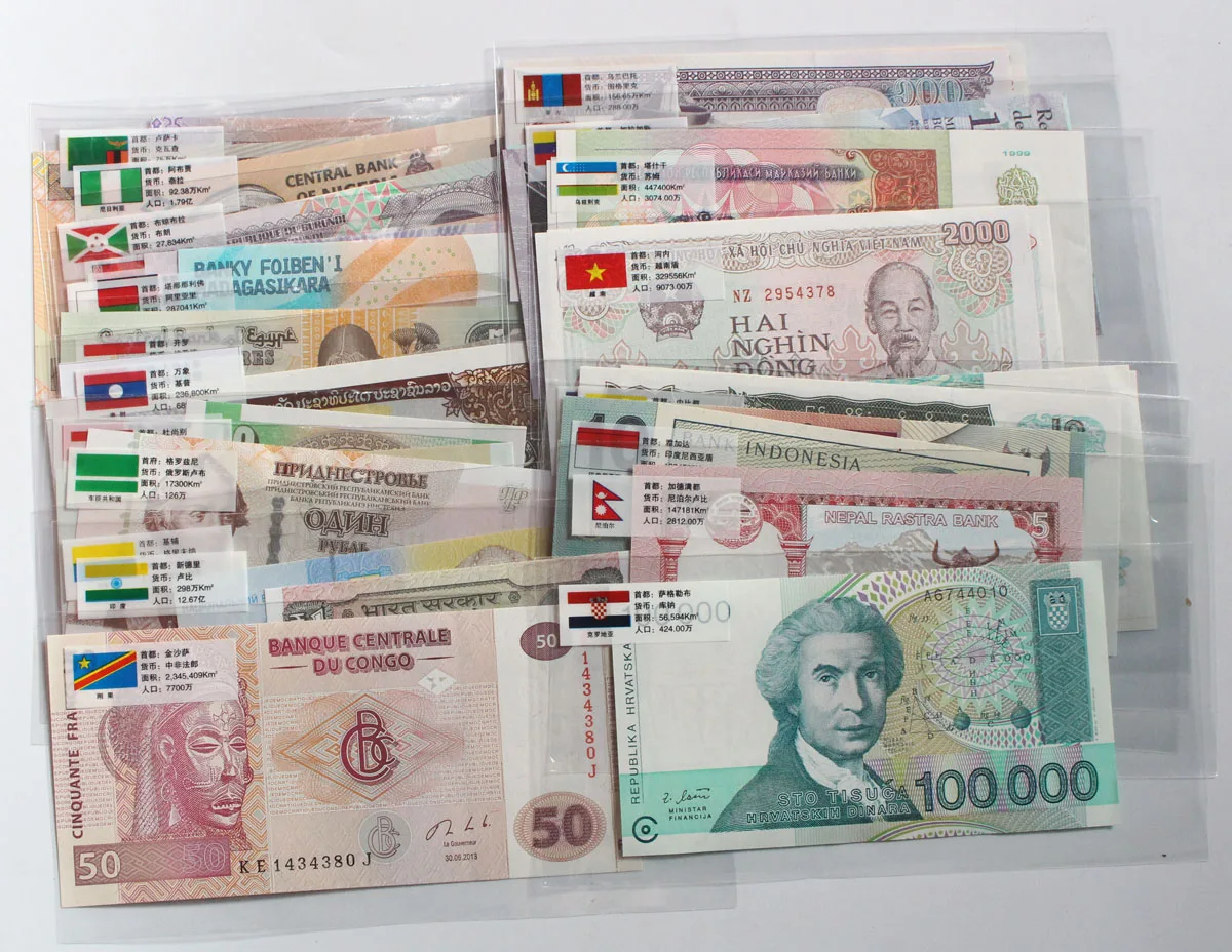 52 шт. прозрачные зарубежные банкноты с флагами на английском и китайском языках |