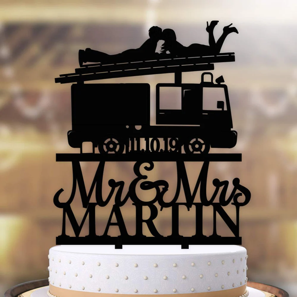 

Custom Fireman Wedding Cake Topper Personalized Mr & Mrs Last Name With Date Fire Truck Anniversary Unique Party Decor