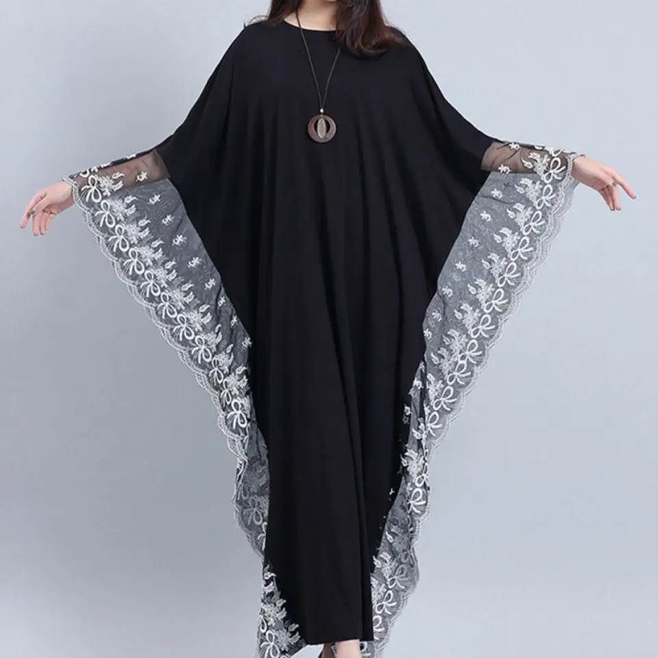 

New Arrival Lace Patchwork Women's Black Dresses Vintage Style Batwing Sleeve Ankle-length Dress Fashion Lady Casual Clothing