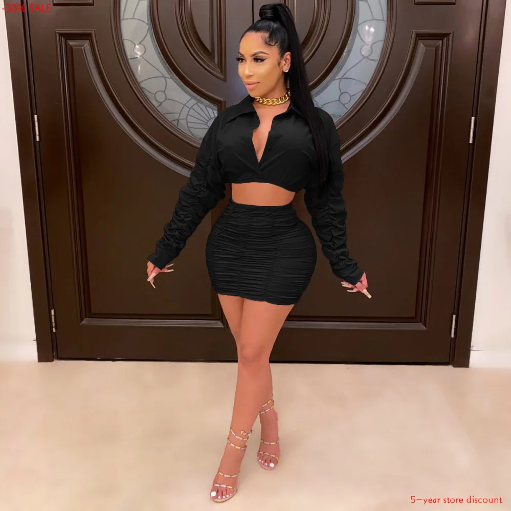 Женский комплект с юбкой из двух предметов отложным воротником и длинным рукавом