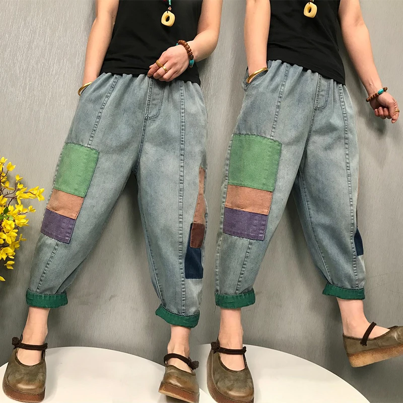 

High Quality Women M-XL Retro Patch Loose Jeans Oversized Light Blue Washed Ripped Jeans Cropped Pants