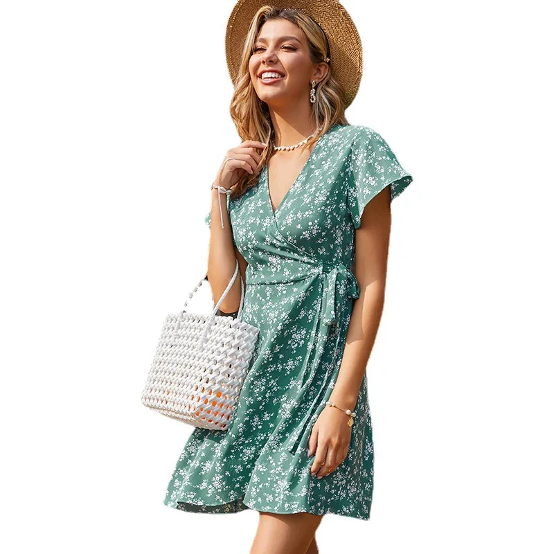 

Summer new Beach sweet printed V-neck dress for womens short sleeve lace chiffon ladies dress mini vintage dress vestido