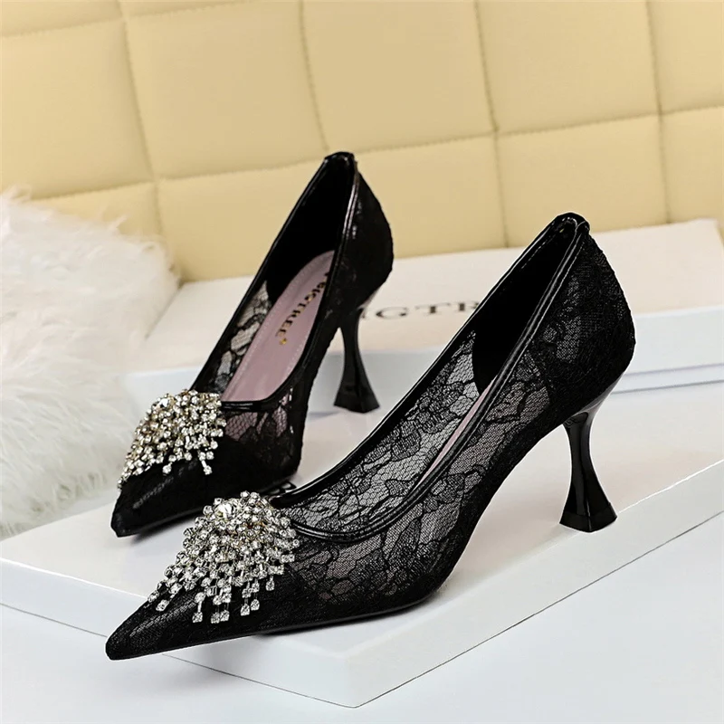2021 Spring Autumn Elegant Women Flower 7.5cm Thin High Heels Pumps Designer Mesh Lace Crystal Exotic Dancer Bridal Shoes | Обувь