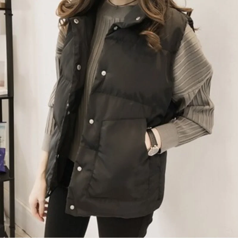 

2020 Autumn Winter Women's Solid Loose Vest Drawstring Stand Collar Long Vest Jacket Cotton Padded Windproof Warm Waistcoat 4XL