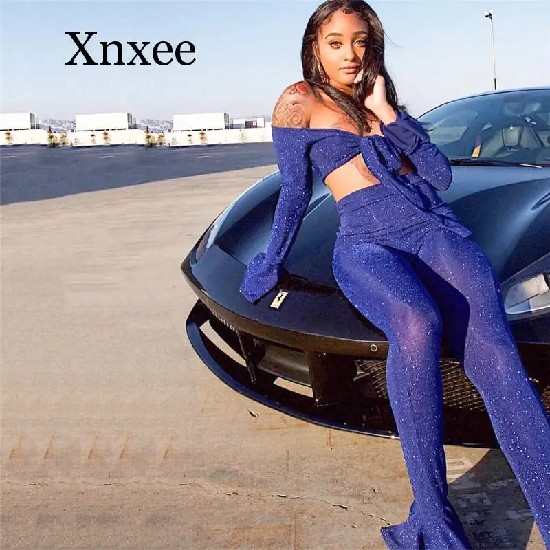 

Sexy Shining Wire 2 Piece Suit Woman Crop Top Tie Bow Off Shoulder Flare Sleeve+ Skinny Pants High Stretchy slash neck summer