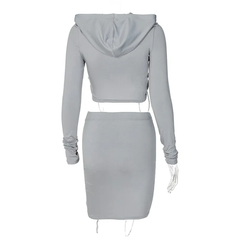 

Spring and Autumn Women's 2 Piece Suit Hooded Top Drawstring Set Solid Color Long Sleeve Hooded Nine Point Top + Short Skirt