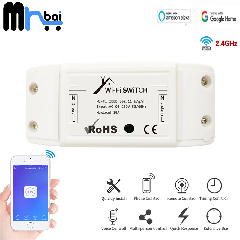 

Умный модуль переключателя Mr. Bai Wi-Fi, беспроводной переключатель «сделай сам» через приложение eWeLink, работает с Amazon Alexa Google Assistant