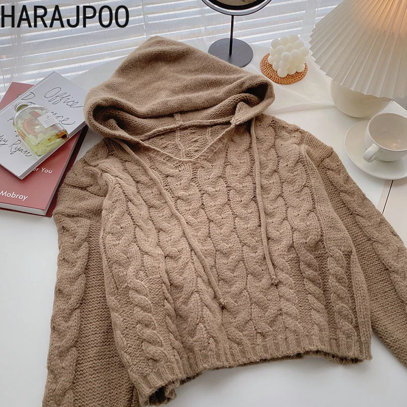 

Sweater Harajpoo Women Simplee Solid Twist Hoodies 2021 Fall Winter New Korean Long Sleeve Loose Crop Cute Knitwear Lazy Oaf