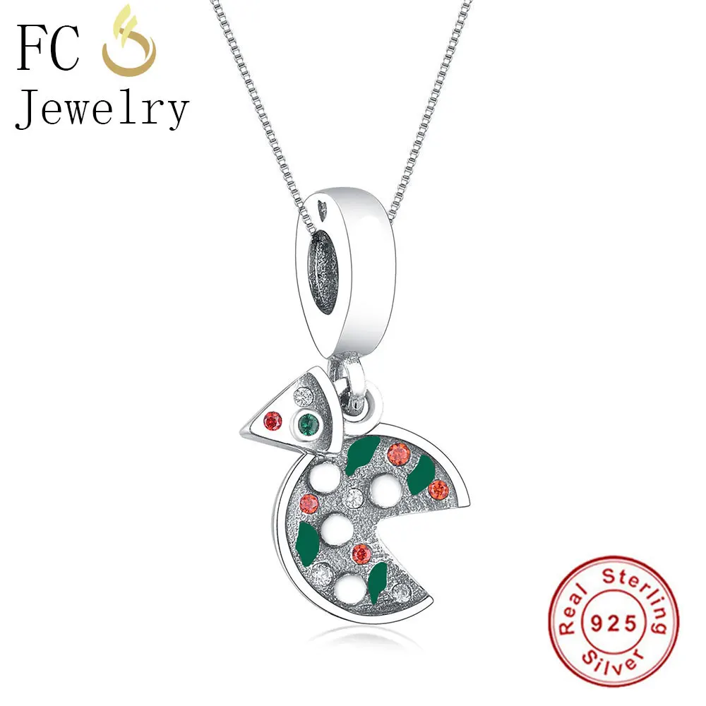 

FC Jewelry 925 Sterling Silver Italy Food Pizza Green Enamel Color Zirconia Crystal Pendant Necklace Chain Women Chokers Trinket