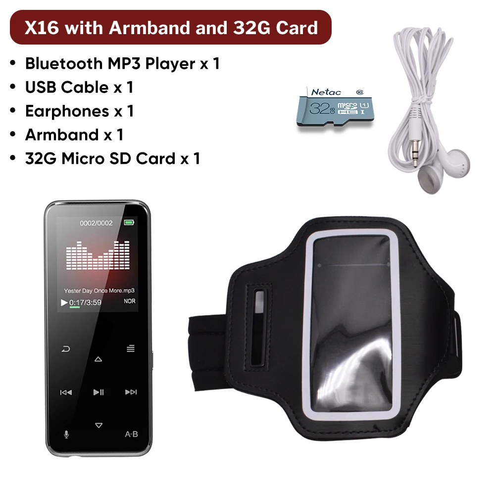 Deelife Спортивный MP3 плеер Bluetooth с динамиком FM радио HiFi MP 3 воспроизведения музыки портативный шагомер для бега спорт MP3-Player - Цвет: X16 and Armband(32G)