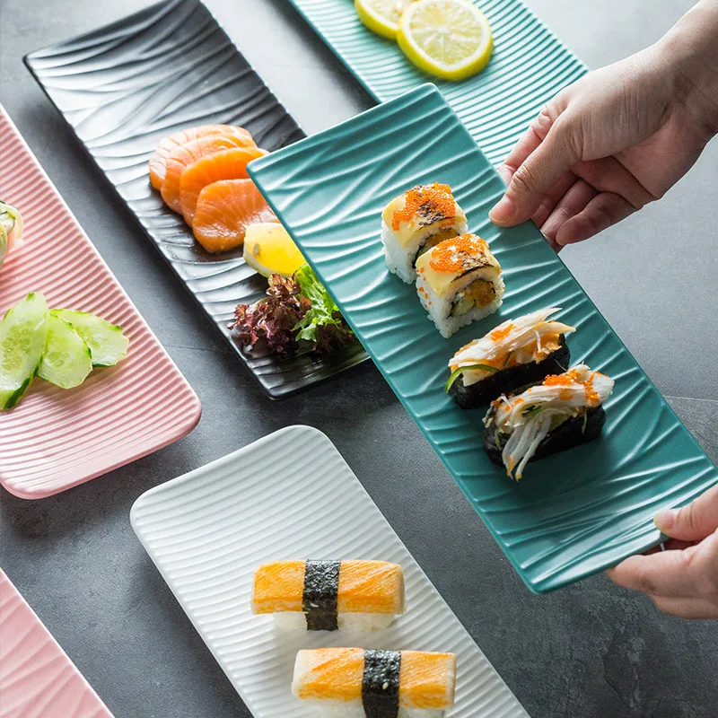 

Nordic Ceramic Rectangular Sushi Long Plate Dessert Cake Snack Pastry Western Food Salmon Sashimi Grilled Chicken Wings