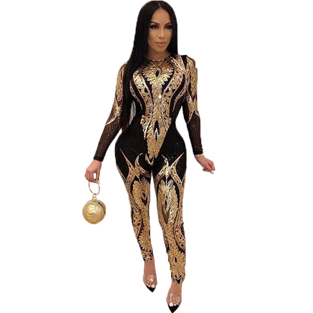 

Plus Size Gold Silver Sexy Sequin Bodycon Mesh Sheer Jumpsuit Women See Through Party Club Rompers Tight Jumpsuits Long Pants