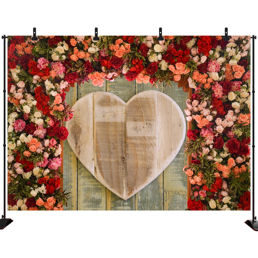 

Valentine's Day Wedding Party Photo Backdrop Flowers Wooden Board Background Photography Photoshoot Studio Banner