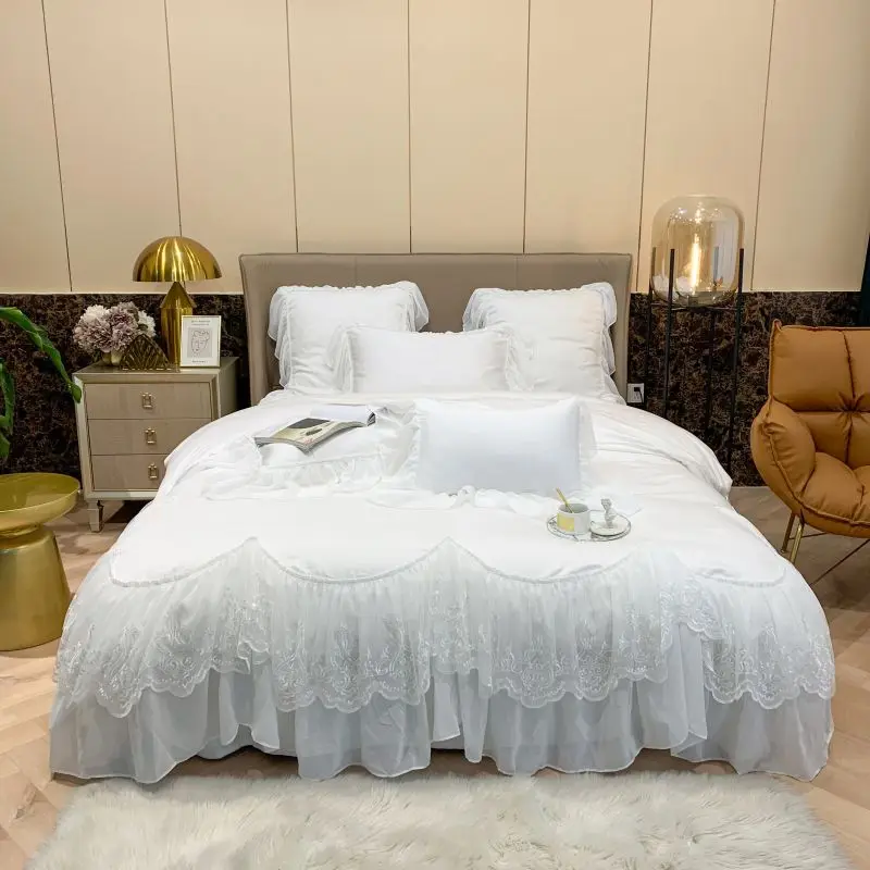 

Egyptian Cotton Bedding Set with Soft Lace 4pcs Bed Sheet Set Duvet Cover Set 600TC with Matching Shams(Queen King Size,White)