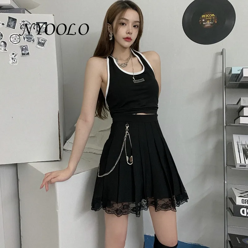 

NYOOLO Harajuku Streetwear Lace Patchwork High Waist A-Line Mini Pleated Skirt Women Workwear Summer Sweet Girl School Uniform