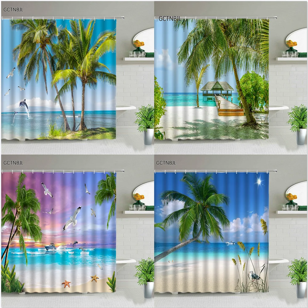 

Ocean scenery Shower Curtains Set Sea Sunlight Beach Palm Tree Dolphin Shell Printed Bathroom Decor Bathtub Screens With Hooks