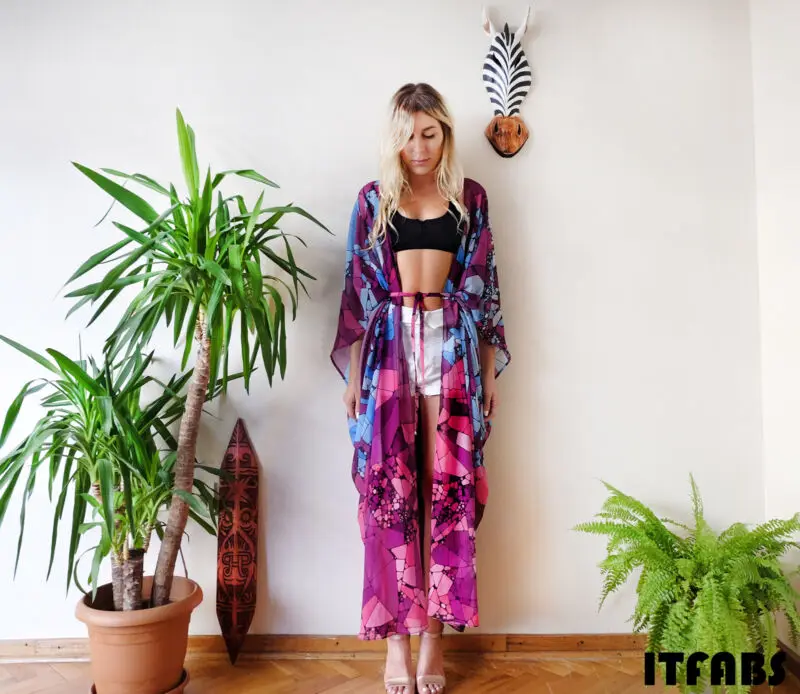 

Women Casual Chiffon Sashes Kimono Beach Cardigan Geometric V Neck Bikini Long Sleeve Cover Up Wrap Beachwear Long dress