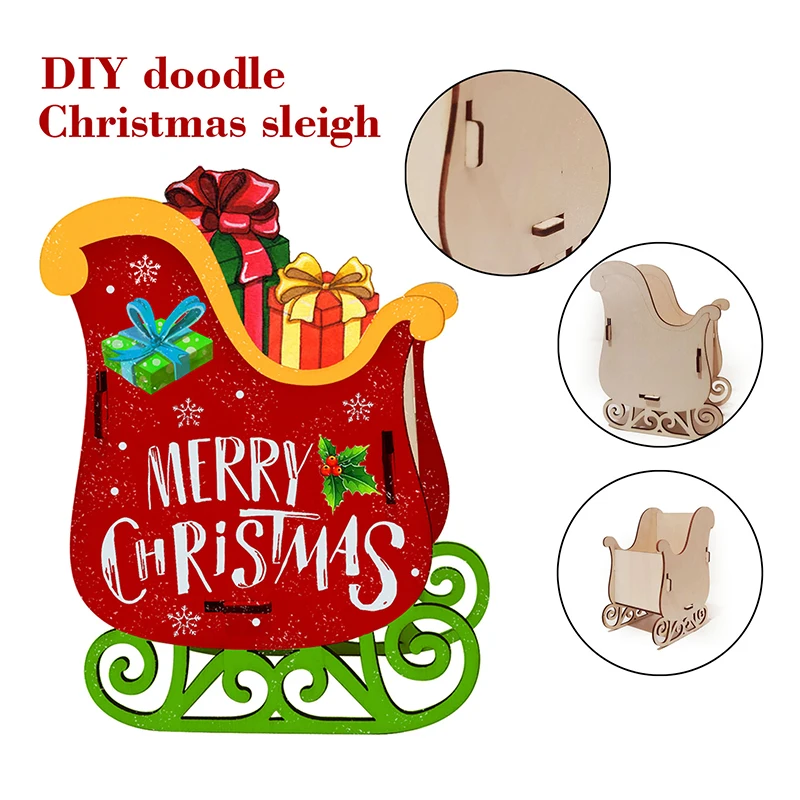 

DIY Doodle Christmas Wooden Sleigh Craft Kits Hand-Painted Ornament Kids Gift Handmade Wood Building Paint House Ornaments