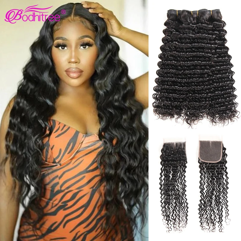 BODHI TREE 9AGrade Deep Wave Bundles With Closure Human Hair Bundles With 4x4 HD Transparent Deep Curly Lace Closure Bleach Knot