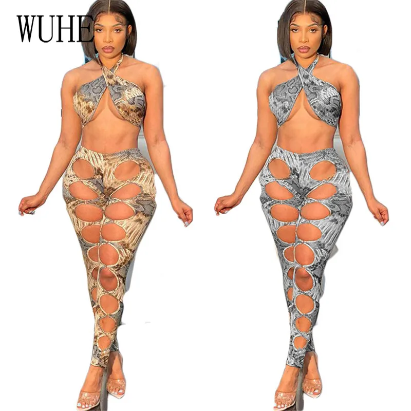 

Комплекты из 2 предметов WUHE с вырезами, сексуальный топ с открытыми плечами и принтом, узкие брюки-карандаш с открытой спиной, одежда для ноч...