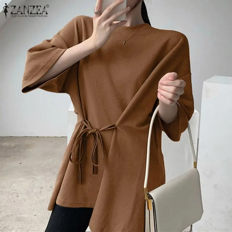

Oversized Summer Women's Blouse 2021 ZANZEA Fashion Asymmetrical Bandage Short Sleeve Tops Casual Solid Loose O-neck Blusa Femme