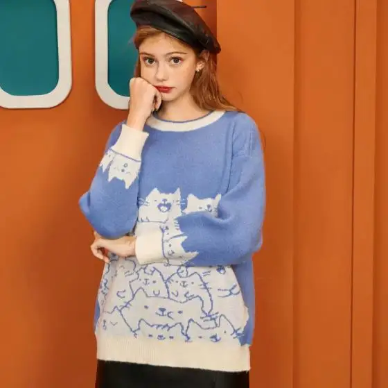 

2021 Winter Cartoon Cat Embroidery Knit Jumper Sweater Womens Harajuku Blue Pullover Sweaters O-Neck Casual Thick Warm Knitwear