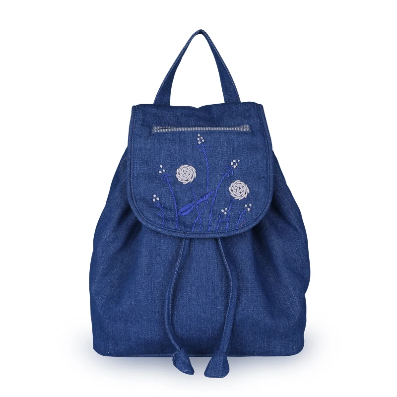 

Lily Queen Embroidery Denim Cotton Backpack Drawstring Multi-pocket Floral Bag Pack Soft Lightweight Cute Women Rucksack