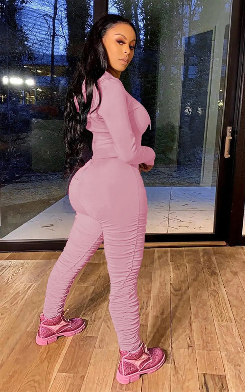 

Women Two Piece Suits Casual Slim Fit Pleated Drawstring Pockets Long Pants Full Sleeve Hooded Bandage Tops Empire Waist