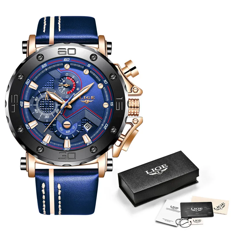 Rose gold blue Новинка LIGE мужские часы лучший бренд Роскошная Мода Большой циферблат спортивные кварцевые наручные часы мужские s повседневные кожаные водонепроницаемые хронограф - Цвет: Rose gold blue