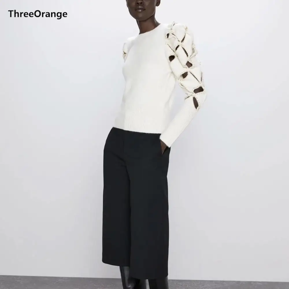 Женский трикотажный свитер ZA белый Повседневный пуловер с вырезами и золотыми