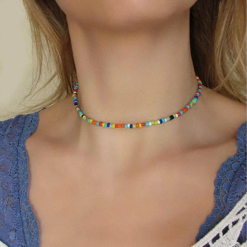 

2021 New Bohemian Colorful Beads Weaving Handmade Baroque Metal Necklace Clavicle Chain Choker Jewelry Accessories