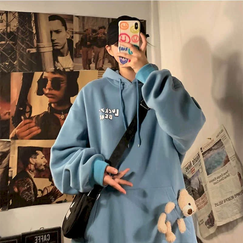 

Autumn Winter Harajuku Streetwear Unisex Hoodies With Lucky Bear Long Sleeve Hooded Pullovers Men's Sweatshirt Women Clothing